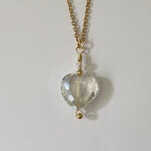 Necklace Heart Clear Crystal Glass Faceted Handmade w/Beads 18" stainless chain